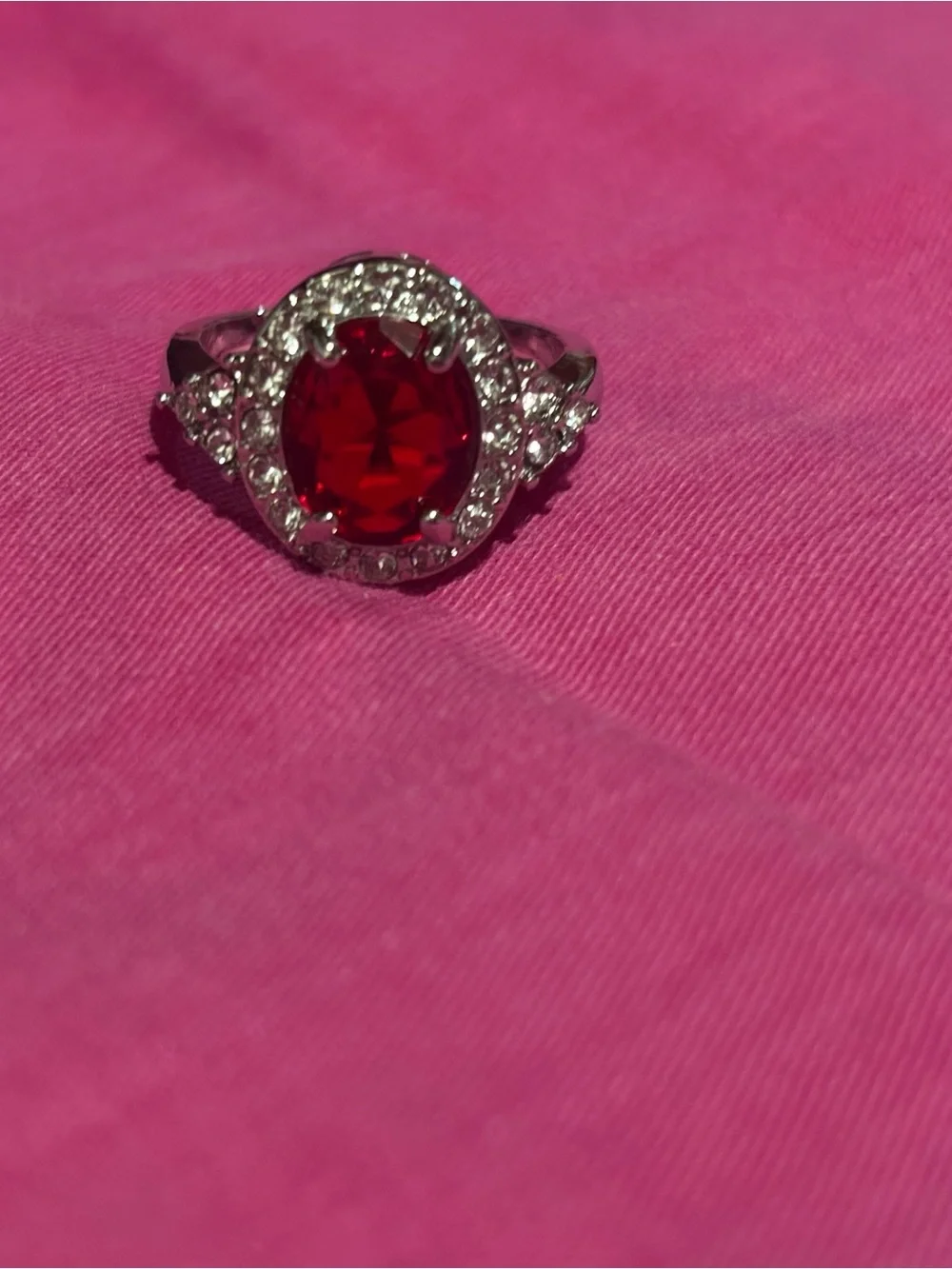 Size 7 Red Oval Halo Ring with Clear Accents - Women Jewelry